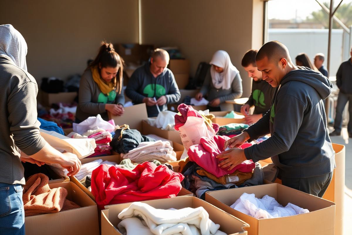 Bénévoles triant des vêtements et produits essentiels dans des cartons