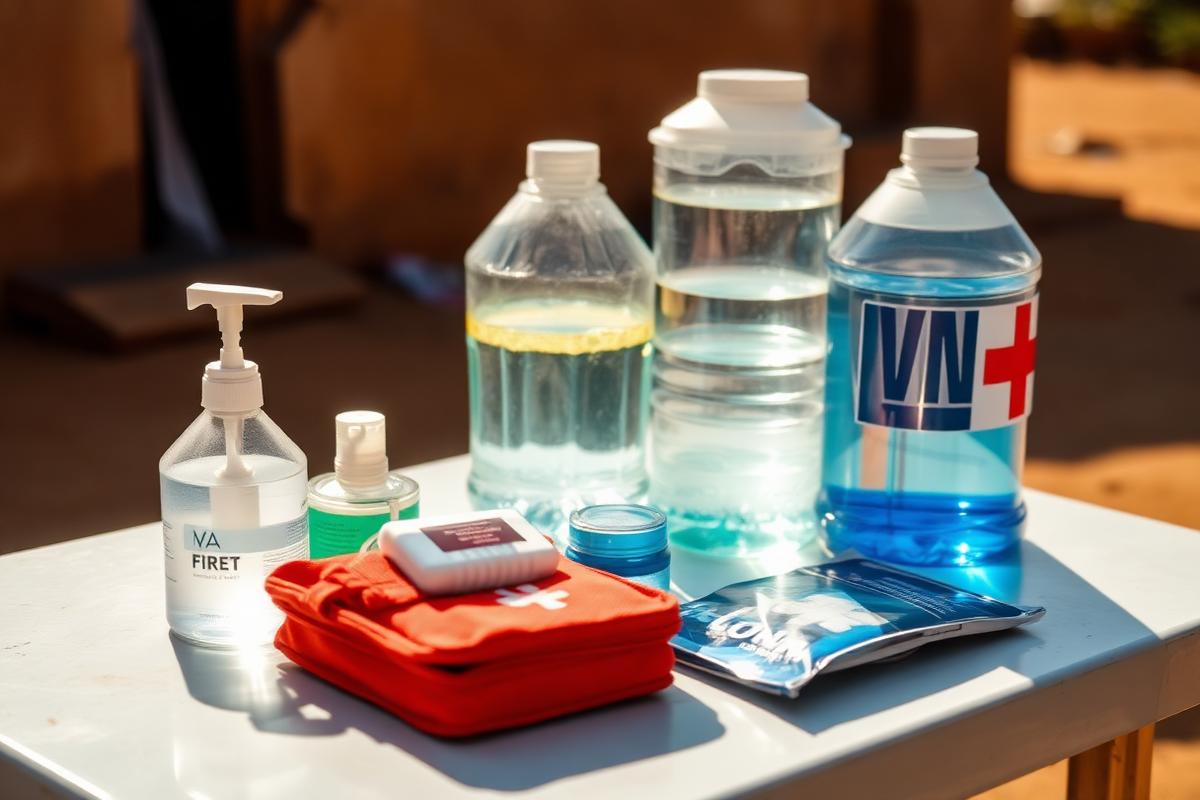 Produits d'hygiène et matériel de premiers soins posés sur une table